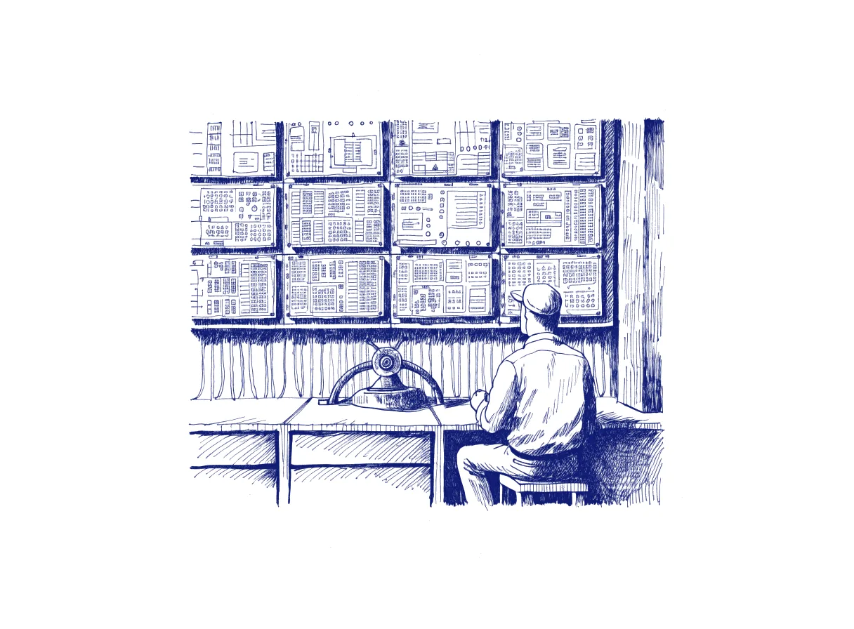 An engineer seen from behind in a dim operations room, one hand resting near a large physical stop switch below a wall of server status screens, the whole scene drawn with wide empty margins on every side.