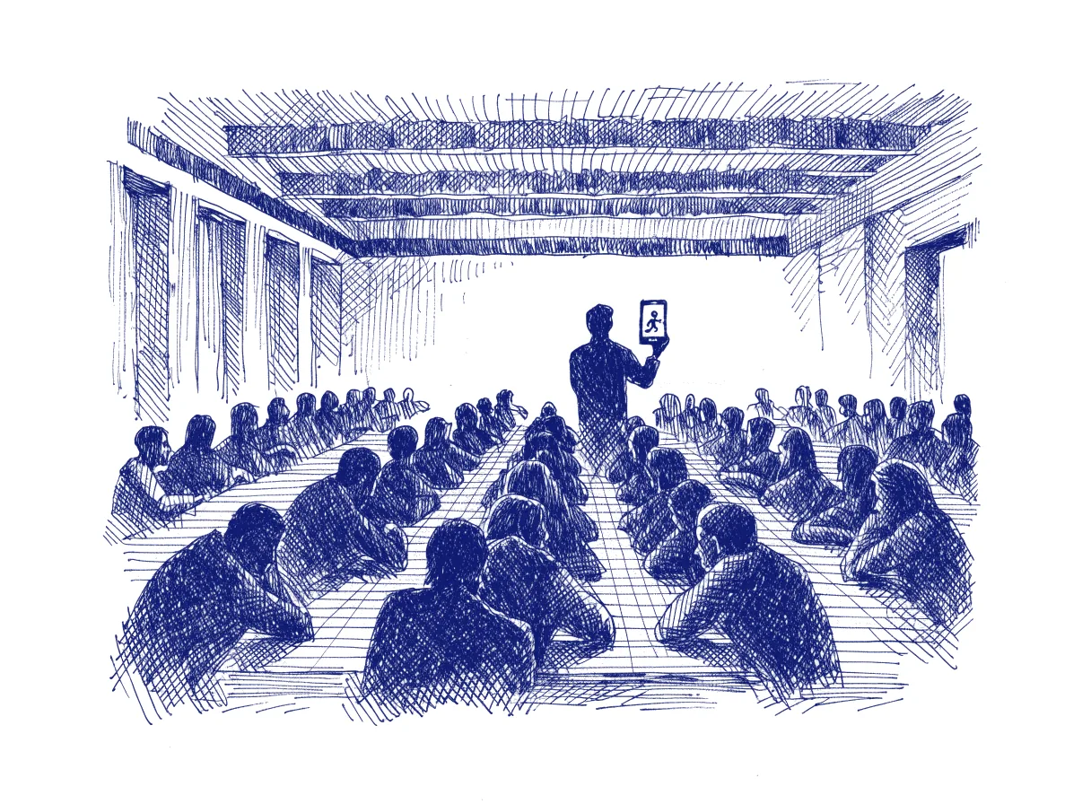 A speaker seen in silhouette from the back of an overflowing conference room, a phone in her hand showing a running app being used by an agent, the whole scene drawn with wide empty margins on every side.