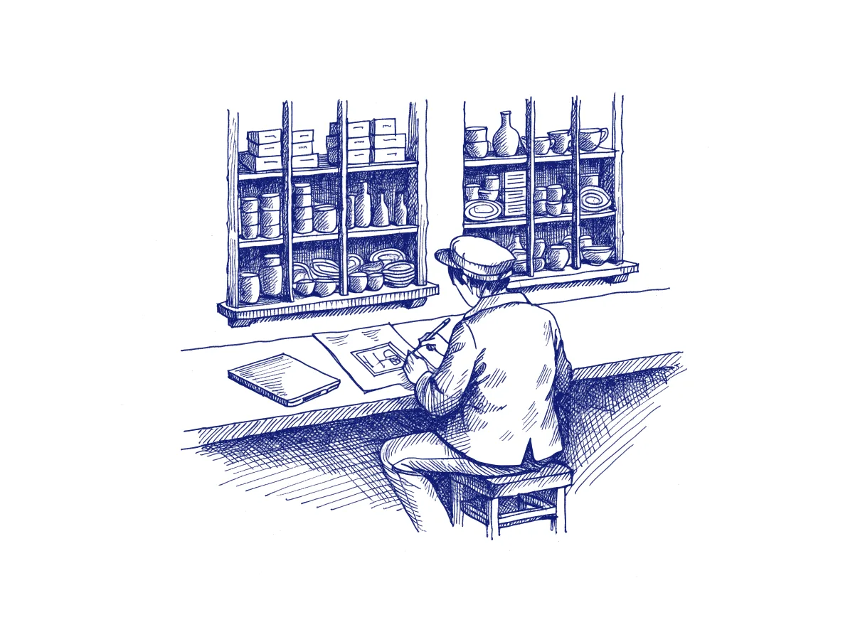 A shopkeeper seen from behind at a shop counter, drawing a rough sketch of a screen on paper with a closed laptop set aside, the whole scene drawn with wide empty margins on every side.