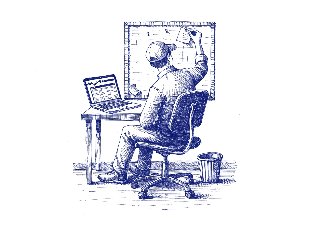 An engineer seen from behind pinning a handwritten note to a board beside a desk, where a laptop shows a web page with a broken header, the whole scene drawn with wide empty margins on every side.
