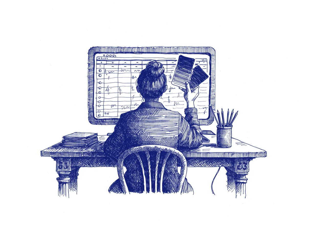 A designer seen from behind at a desk holding two paint swatches of nearly the same colour up to a screen that shows a payment sheet, the whole scene drawn with wide empty margins on every side.