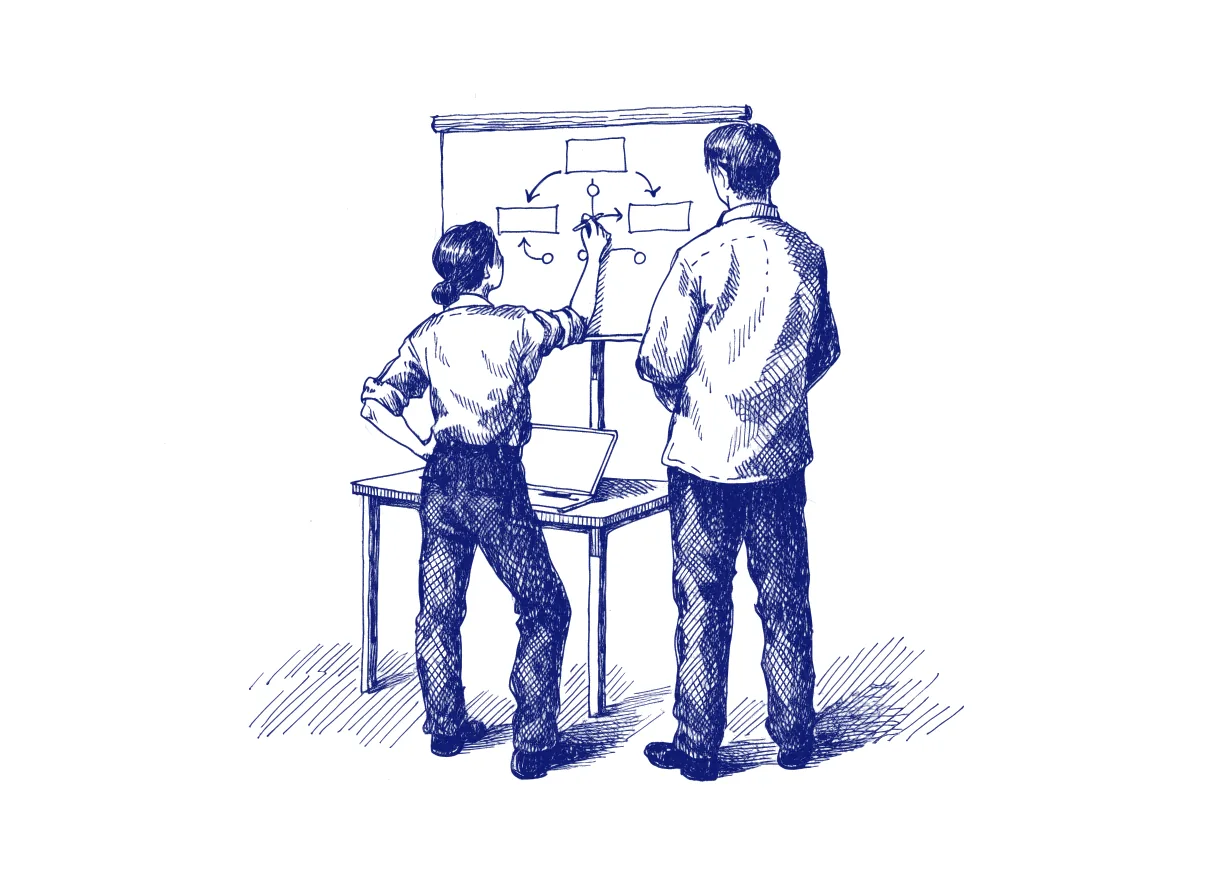 A junior engineer and a senior engineer seen from behind at a whiteboard, the junior drawing boxes and arrows of a system with a closed laptop on the table behind them, the whole scene drawn with wide empty margins on every side.