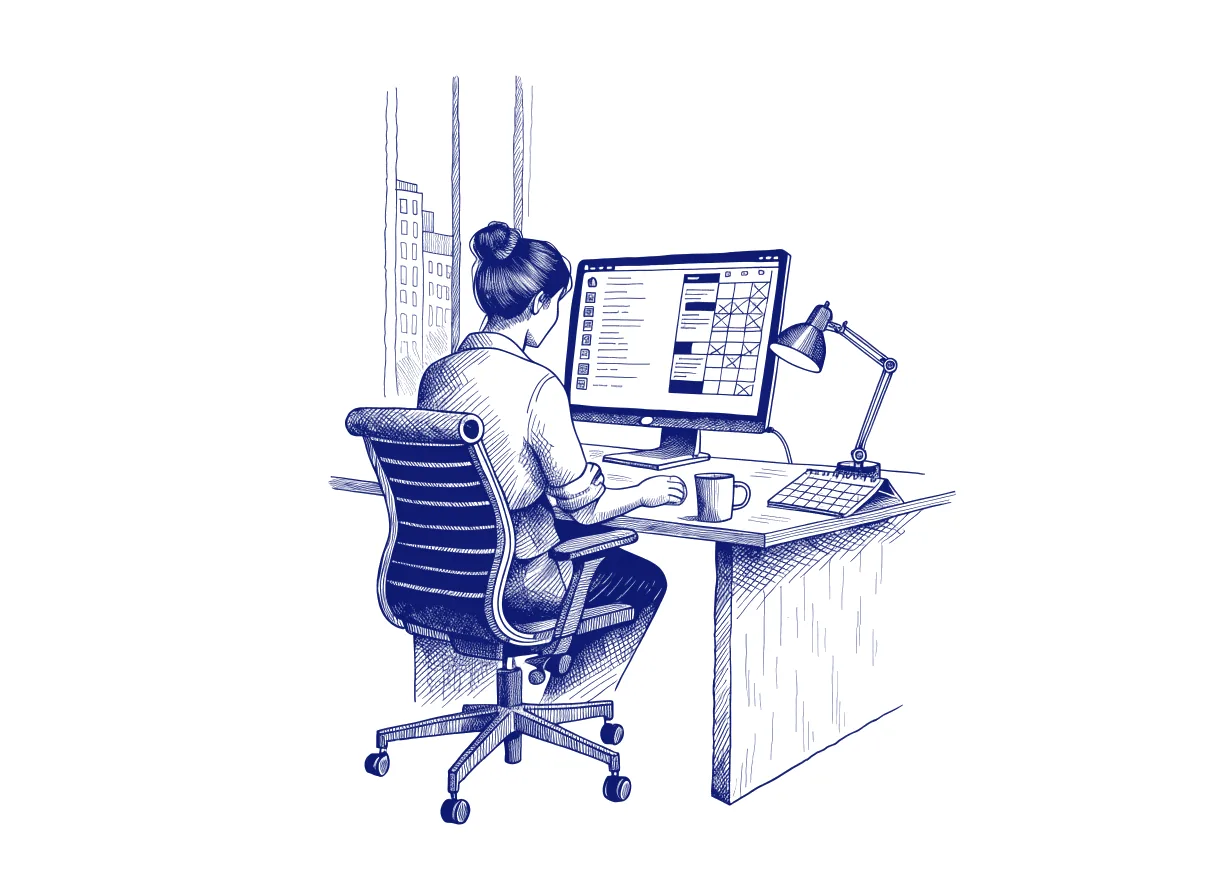 A sales manager seen from behind at her desk early in the morning, reading a screen that lists the emails and meeting changes her AI agent made overnight, the whole scene drawn with wide empty margins on every side.