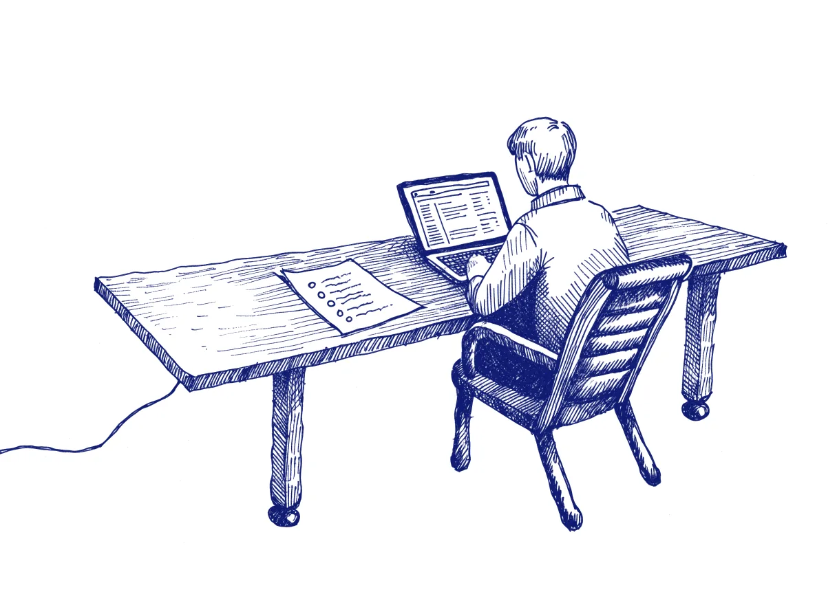 A technical writer seen from behind at a long desk, a printed list of the agent's reported problems beside a laptop showing documentation, the whole scene drawn with wide empty margins on every side.