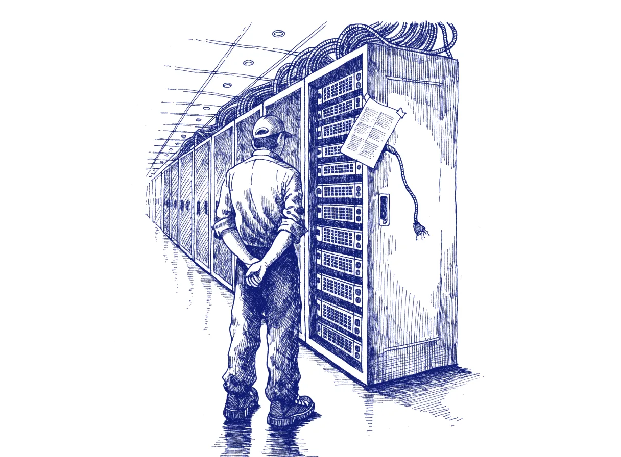 An engineer seen from behind in a server room aisle, facing a rack with one cable unplugged and a printed allowlist taped to its door, the whole scene drawn with wide empty margins on every side.