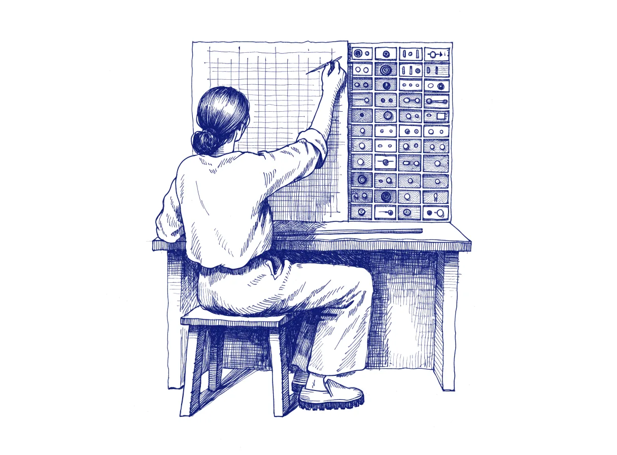 A designer seen from behind at a desk, pinning a printed sheet of rules beside a wall of small labelled drawers of interface parts, the whole scene drawn with wide empty margins on every side.