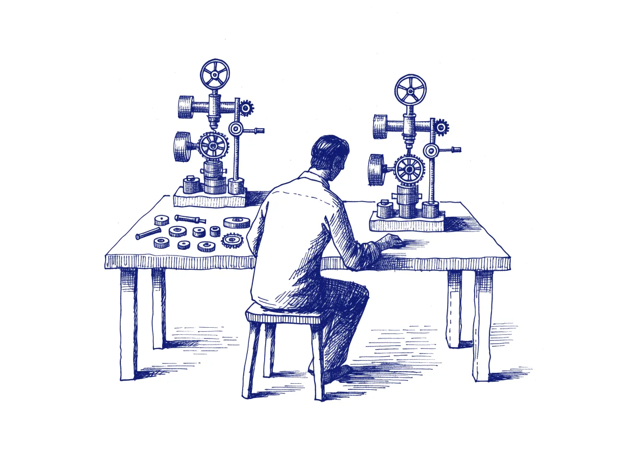 An engineer seen from behind at a workbench, assembling a small machine from labelled parts beside an identical finished machine, the whole scene drawn with wide empty margins on every side.