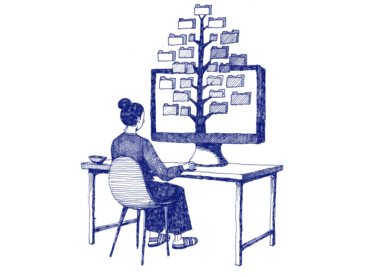 A person seen from behind at a desk, facing a monitor filled with a tall tree of nested folders of notes, a few of them greyed out, the whole scene drawn with wide empty margins on every side.