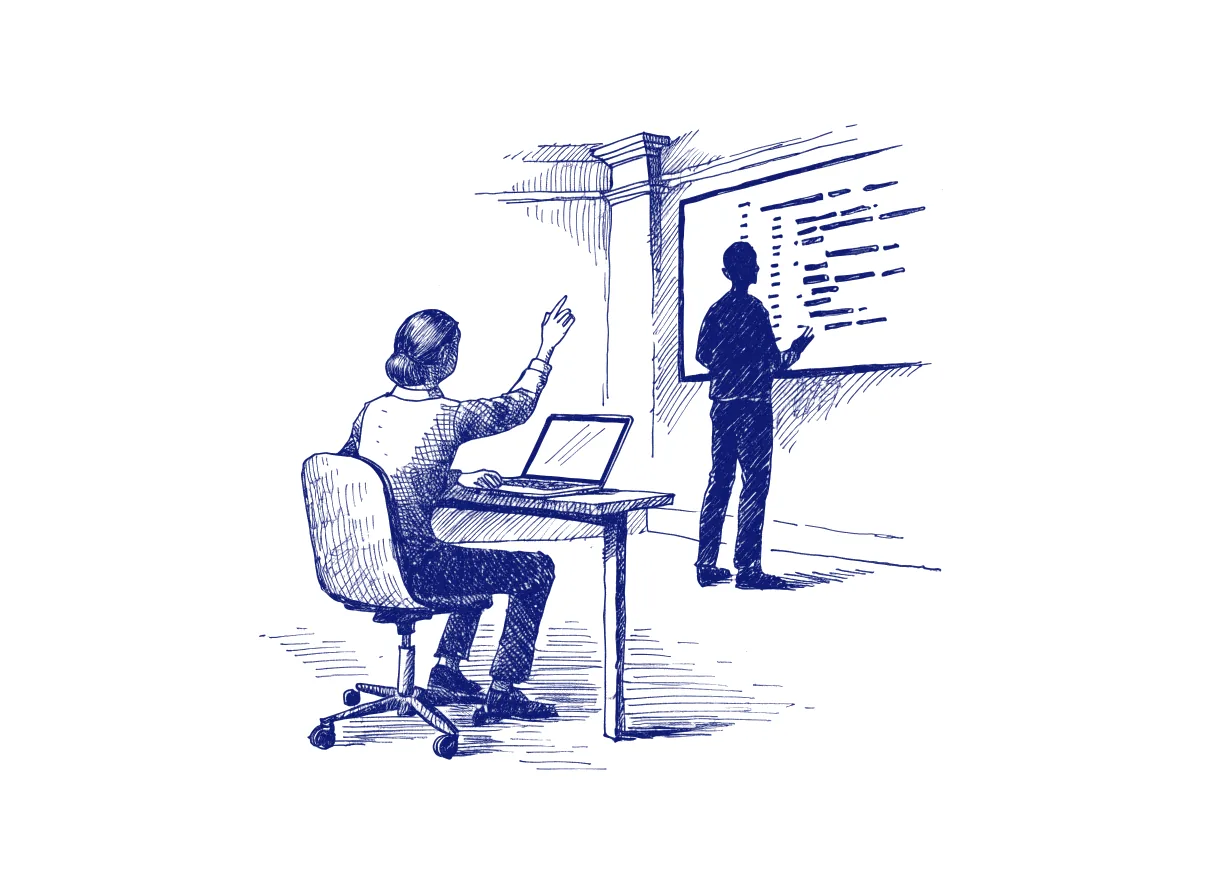 A support worker seen from behind flags a problem on a laptop while, across the room, an engineer in silhouette reviews a code change on a large screen, the whole scene drawn with wide empty margins on every side.