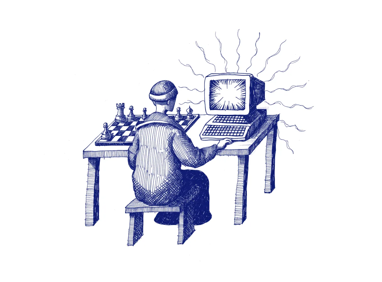 A person seen from behind sits at a chessboard beside a glowing computer terminal, the two sharing one game, the whole scene drawn with wide empty margins on every side.