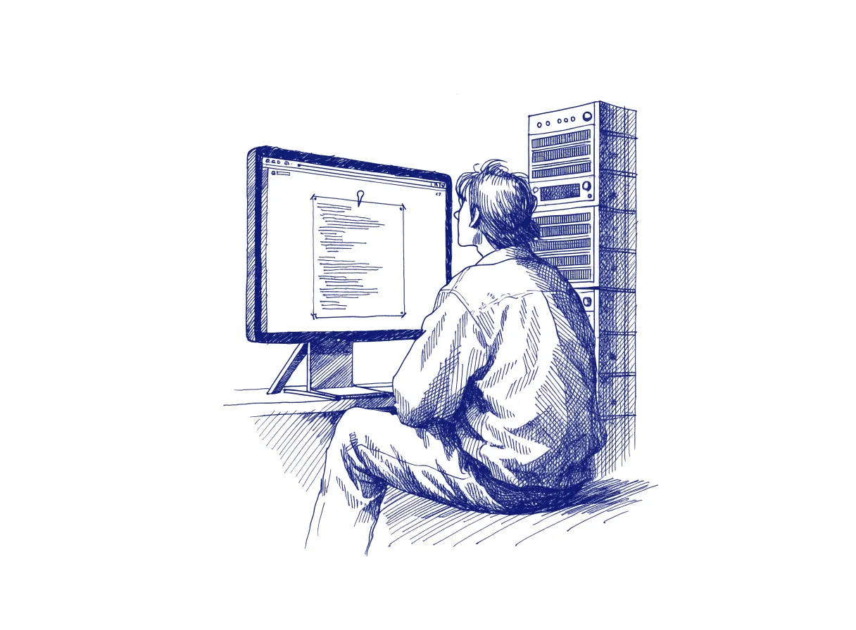 A developer seen from behind looks at a short text file pinned at the top of a code repository on a monitor, beside a single server rack, the whole scene drawn with wide empty margins on every side.