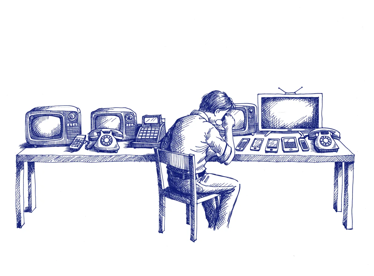 A long table in a quiet room lined with old and new televisions, phones and a cash register in two rows, one person seen from behind with the back of the head showing as they compare them, the whole scene drawn with wide empty margins on every side.