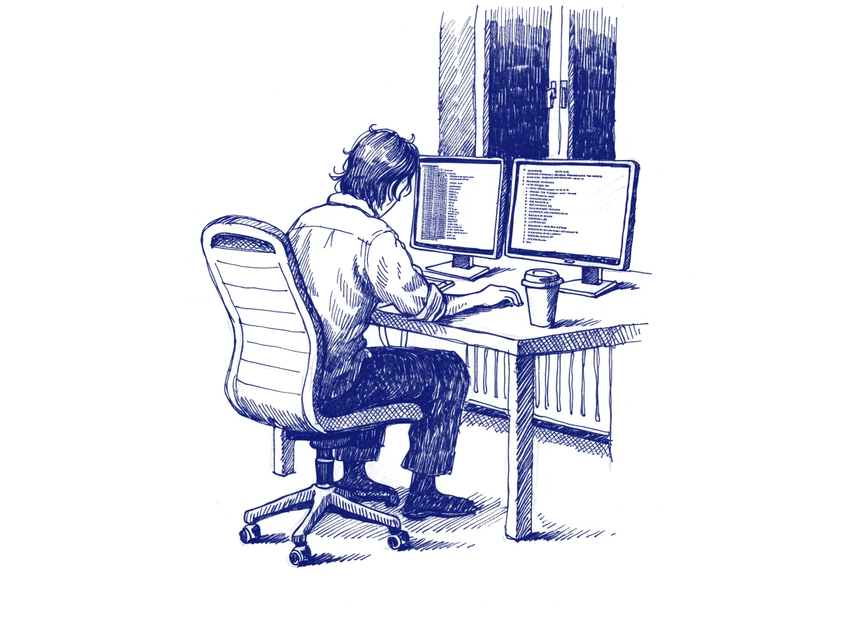 An engineer seen from behind at a desk late in the evening, two monitors showing a long error log and a stack trace, a cold cup of coffee beside the keyboard, the whole scene drawn with wide empty margins on every side.