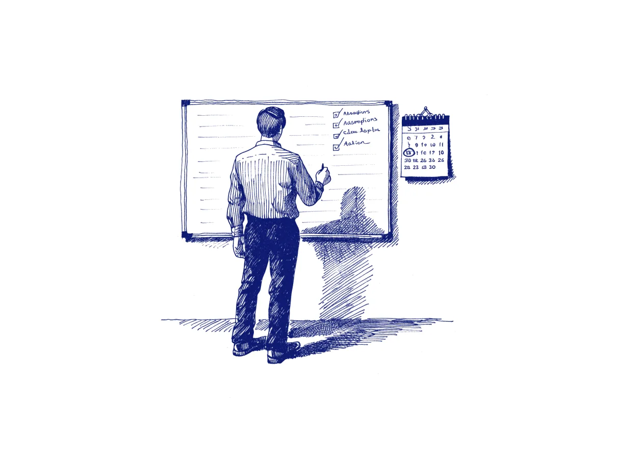 An engineering leader seen from behind at a whiteboard, a short handwritten list of assumptions with a tick box beside each, a wall calendar marked six months ahead, the whole scene drawn with wide empty margins on every side.