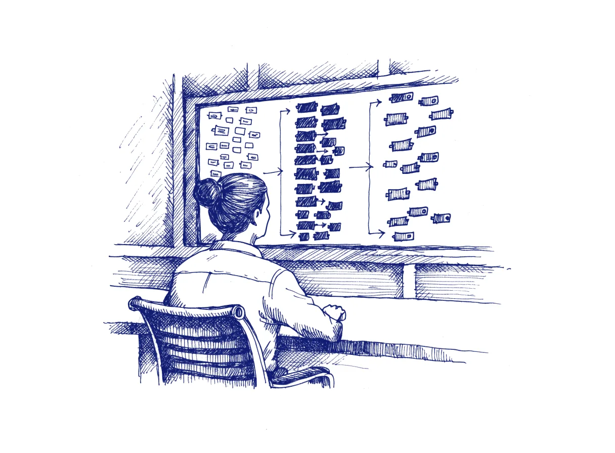 An operations engineer seen from behind in a quiet control room, watching a wall screen of tickets moving between columns marked triage, repair and escalate, the whole scene drawn with wide empty margins on every side.