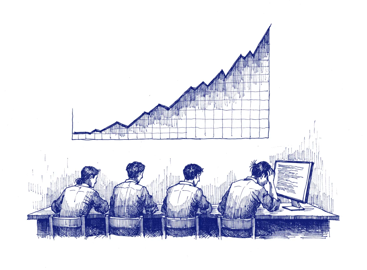 A small group of engineers seen from behind at a long desk, watching a wall chart of daily code merges climb steeply while one of them shakes their head at a screen, the whole scene drawn with wide empty margins on every side.
