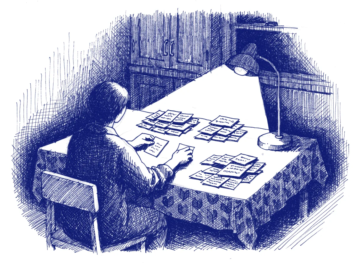 A person seen from behind at a kitchen table late at night, sorting printed review comments into piles by theme under a single lamp, the whole scene drawn with wide empty margins on every side.