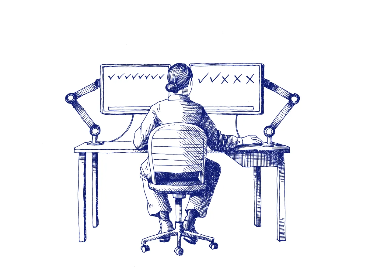 An engineer seen from behind at two monitors, one showing a row of ten green ticks and the other three ticks among seven red crosses, the whole scene drawn with wide empty margins on every side.
