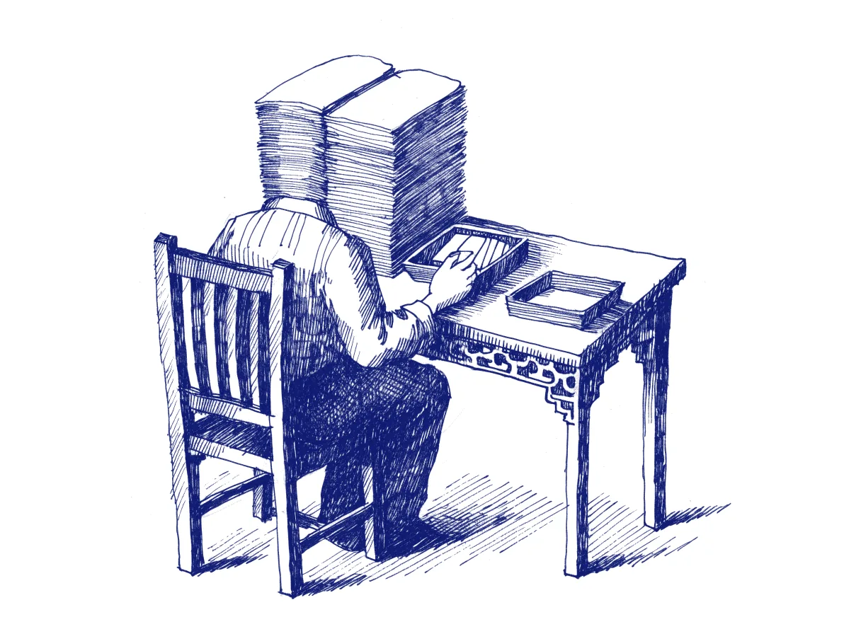 A person seen from behind at a desk, moving index cards from a tall stack into a small tray that holds only five, beside a second tray still empty, the whole scene drawn with wide empty margins on every side.