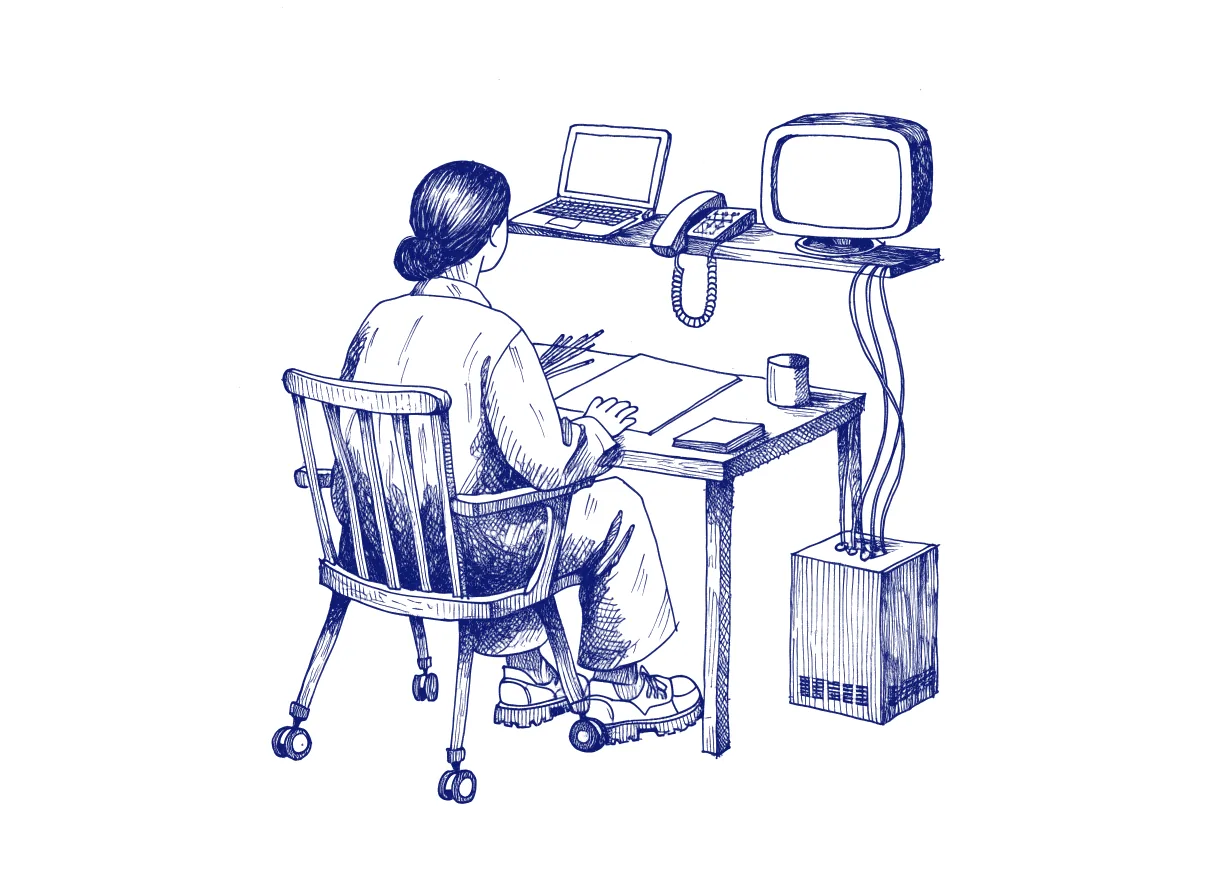 A designer seen from behind at a desk beside a small server cabinet, with three cables running from it to a laptop, a phone and a television on a shelf, the whole scene drawn with wide empty margins on every side.