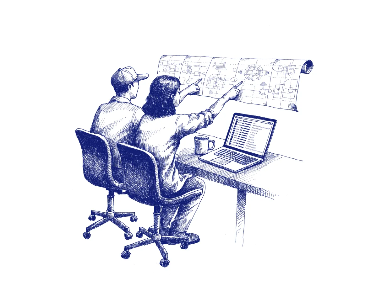 Two engineers seen from behind at a shared desk, pointing at a long printed plan pinned to a wall while a laptop beside them shows a queue of unopened code changes, the whole scene drawn with wide empty margins on every side.