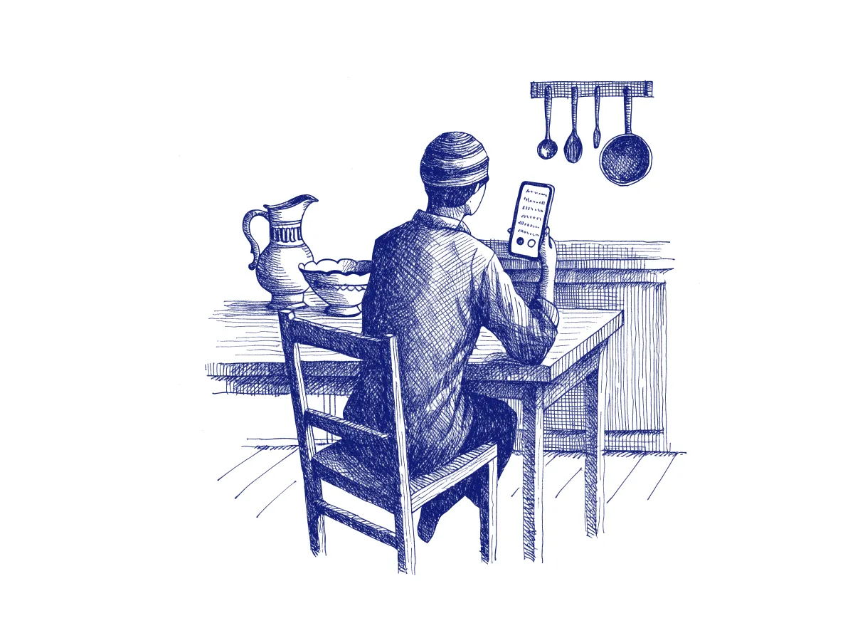 A person seen from behind at a kitchen table, looking at a phone that shows a short list of standing instructions beside a small green status light, the whole scene drawn with wide empty margins on every side.