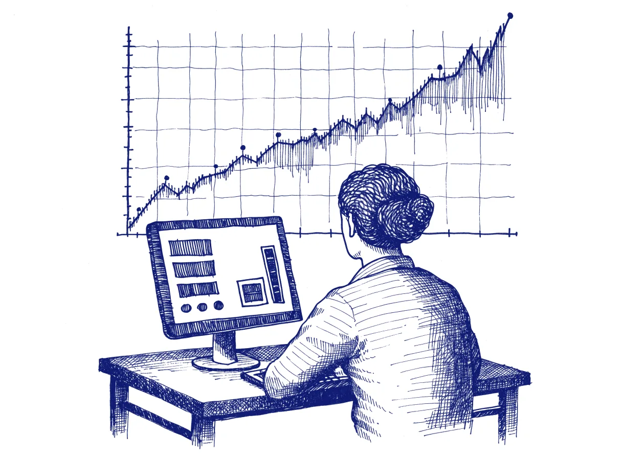 An engineer seen from behind at a desk, the back of the head showing, looking at a pull request on a monitor with a coloured risk score beside it and a wall chart of build jobs climbing steeply, the whole scene drawn with wide empty margins on every side.