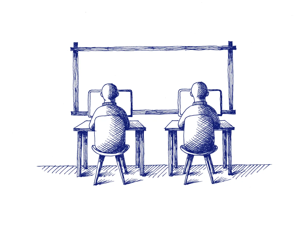 A small team room seen from behind, two engineers with the backs of their heads showing, each facing a separate screen with nobody talking and a whiteboard behind them left blank, the whole scene drawn with wide empty margins on every side.