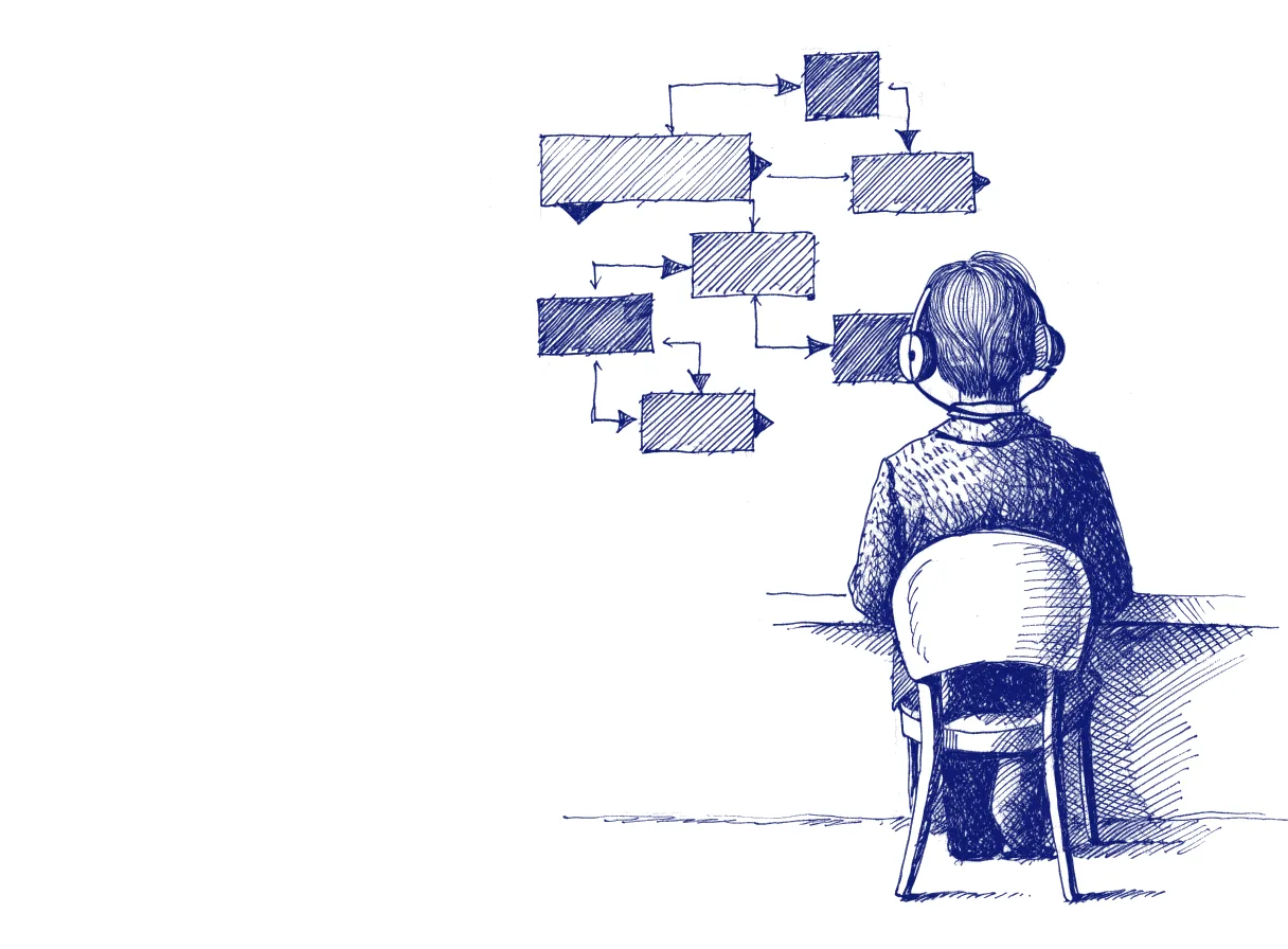 A person seen from behind wearing a headset in a quiet room, the back of the head showing, facing a wall diagram of connected conversation stages drawn as boxes and arrows, the whole scene drawn with wide empty margins on every side.