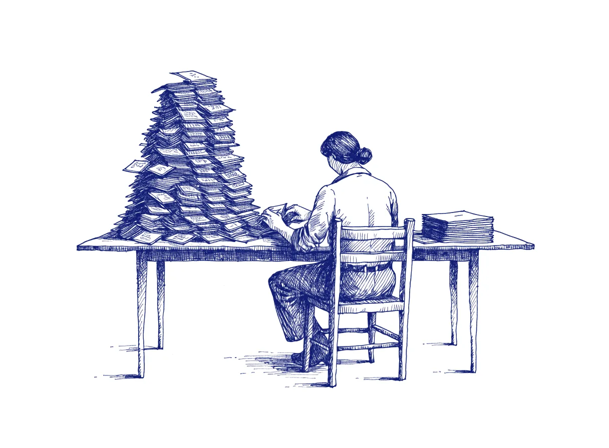 A researcher seen from behind at a long table sorts two piles of index cards, one tall and varied and one small and uniform, the whole scene drawn with wide empty margins on every side.