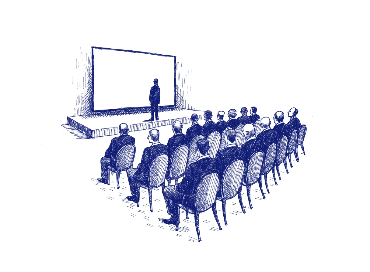 Executives seen from behind sit in rows facing a stage where a speaker in silhouette stands beside a blank screen, the whole scene drawn with wide empty margins on every side.