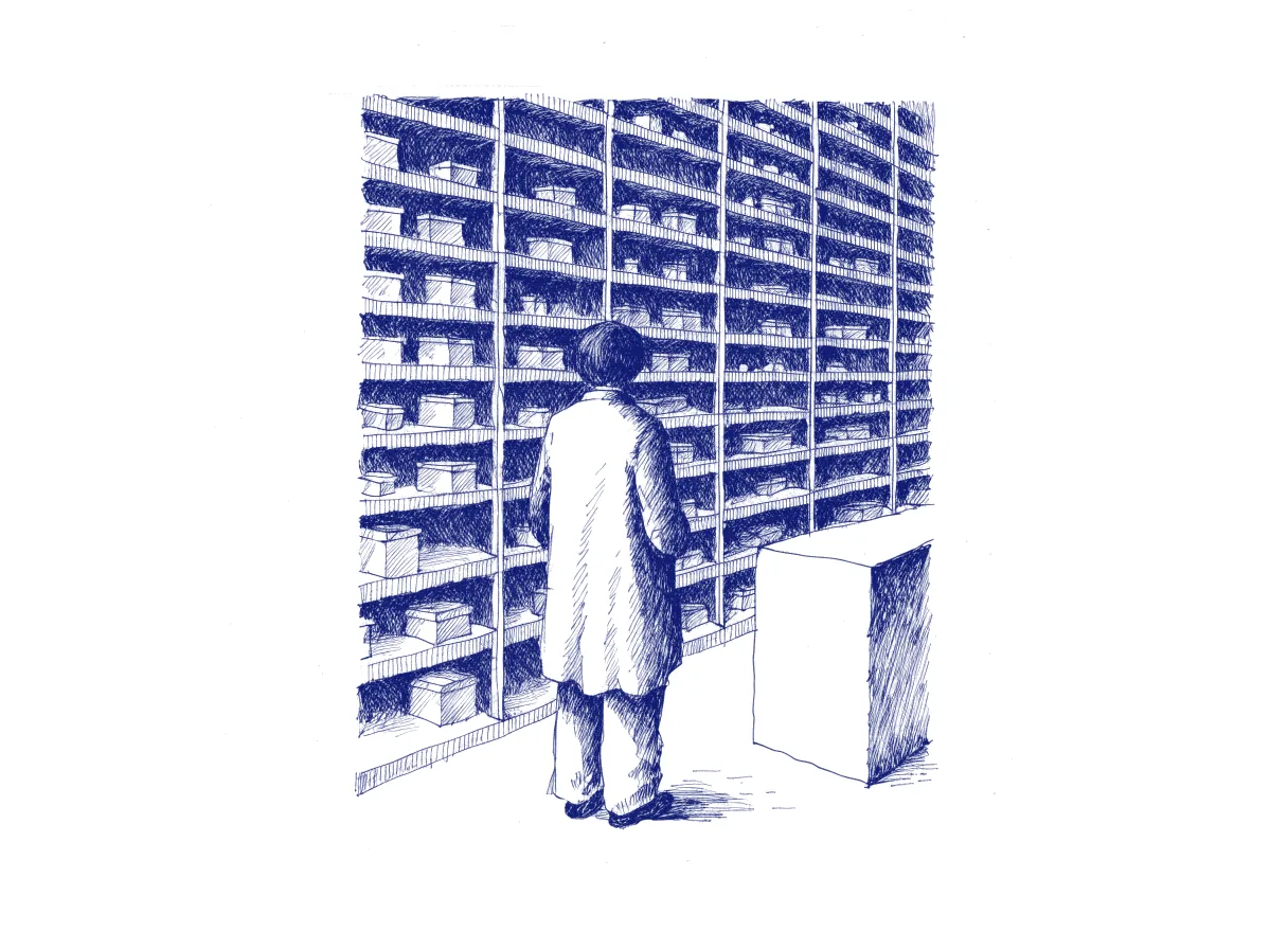 A person seen from behind stands before a wall of many small shelves, each holding a few small boxes, beside one large empty plinth, the whole scene drawn with wide empty margins on every side.