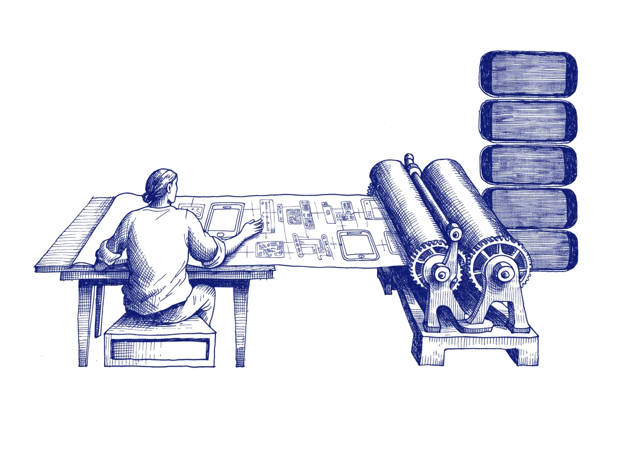 A designer seen from behind at a drafting table, whose long sheet of drawing paper runs off the far edge and feeds straight into a printing press that turns out finished phone screens, the whole scene drawn with wide empty margins on every side.