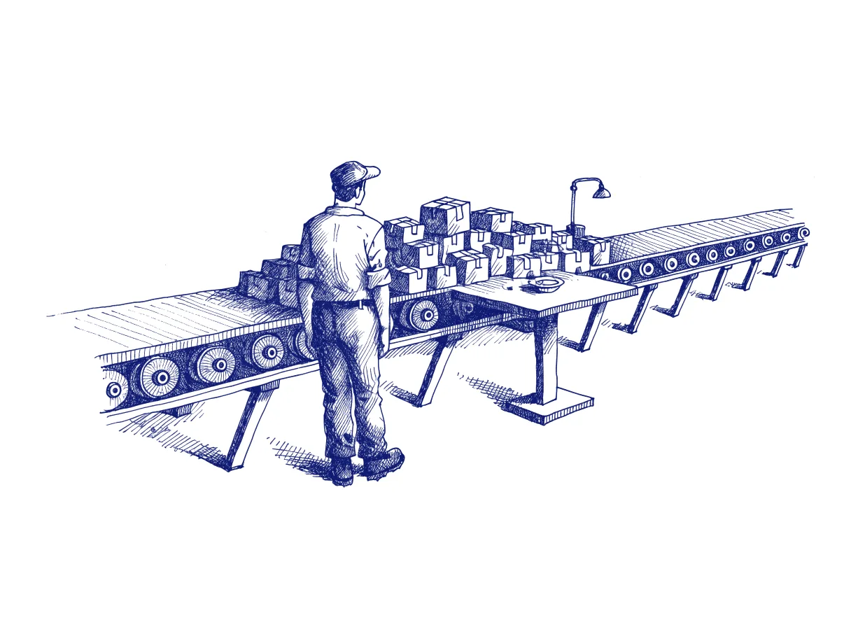 An engineer seen from behind stands beside a long conveyor belt where parcels pile up in front of a single inspection desk, the whole scene drawn with wide empty margins on every side.