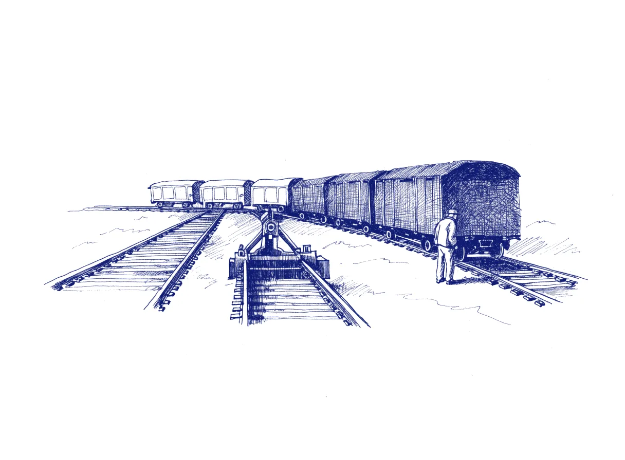 A railway sorting yard where a mechanical switch sends short, light freight cars straight through on an open track while heavy, long cars are diverted to a siding where a single figure, seen from behind, inspects them, the whole scene drawn with wide empty margins on every side.