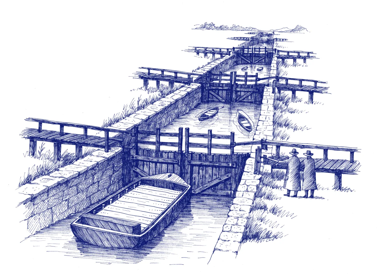 A canal with a ladder of locks, where small boats float through open gates on their own while one large barge waits at a closed gate beside two figures seen from behind at the lever, the whole scene drawn with wide empty margins on every side.