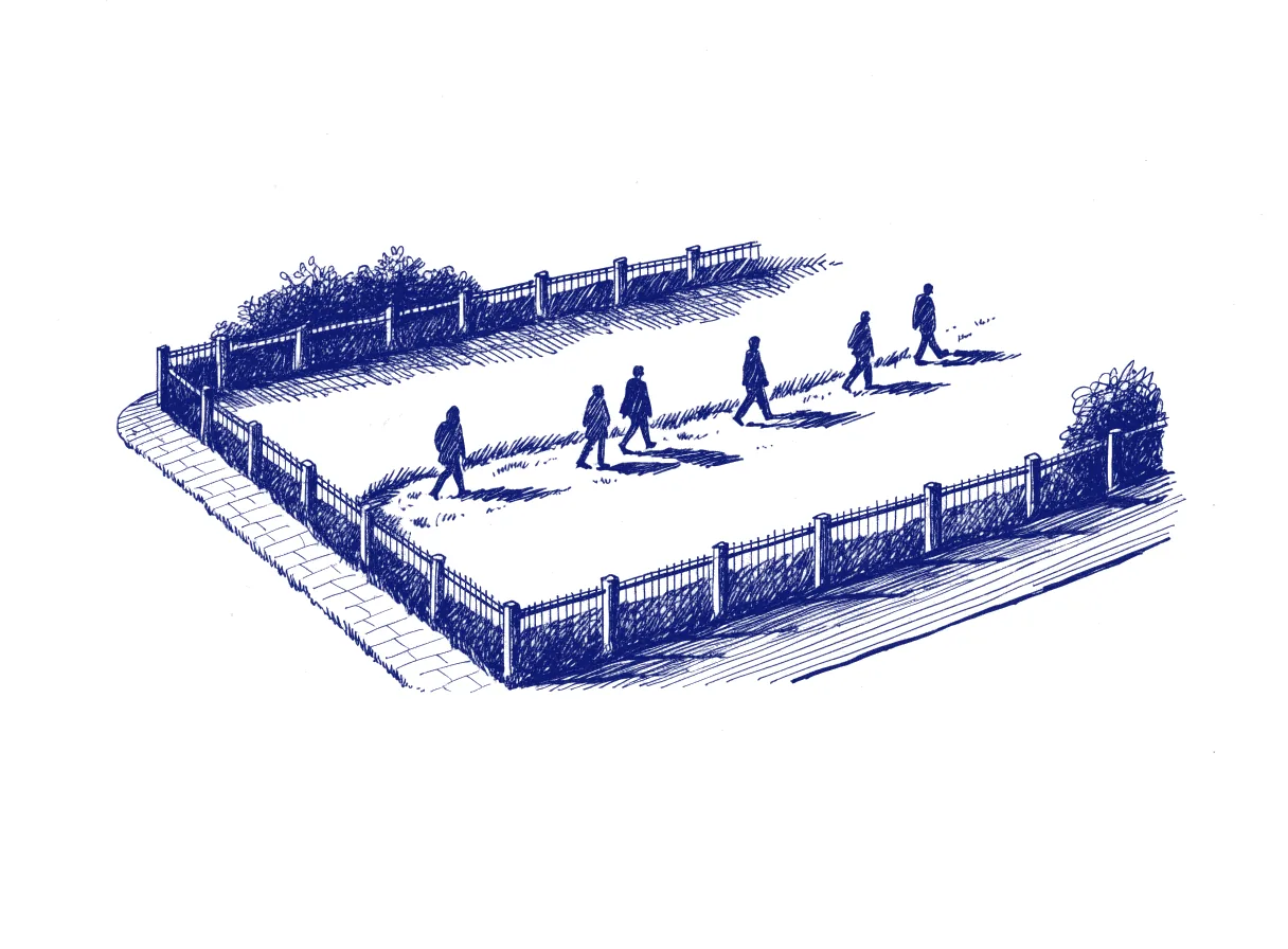 A fenced public lawn with a paved path running around its edge, crossed straight through the middle by a worn dirt track where silhouetted walkers take the shorter way, the whole scene drawn with wide empty margins on every side.