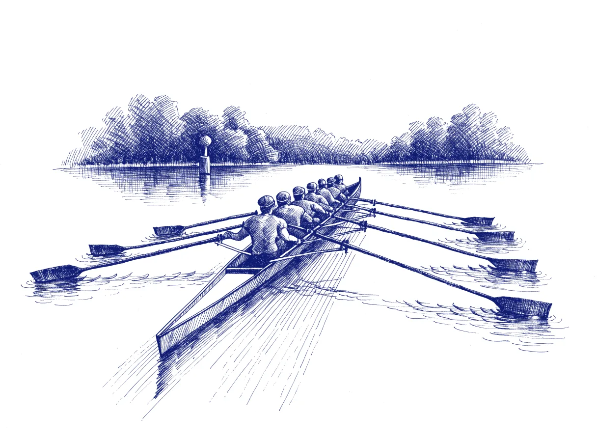 A rowing crew seen from behind pulling in perfect unison while their boat heads away from the finish buoy on the far side of the lake, the whole scene drawn with wide empty margins on every side.