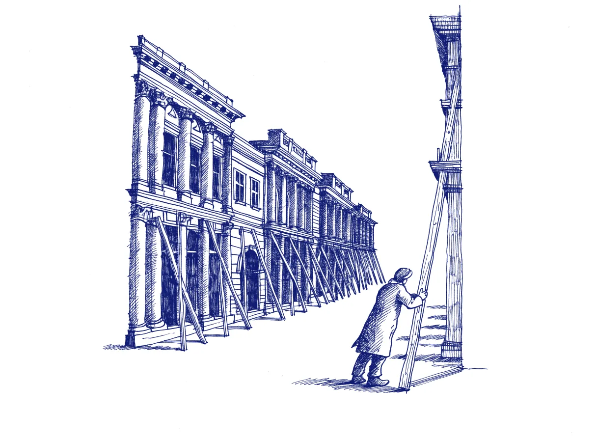 A street of grand building fronts on a film set, solid from the front but held up from behind by thin wooden props, with one figure seen from behind pushing on a prop to test it, the whole scene drawn with wide empty margins on every side.