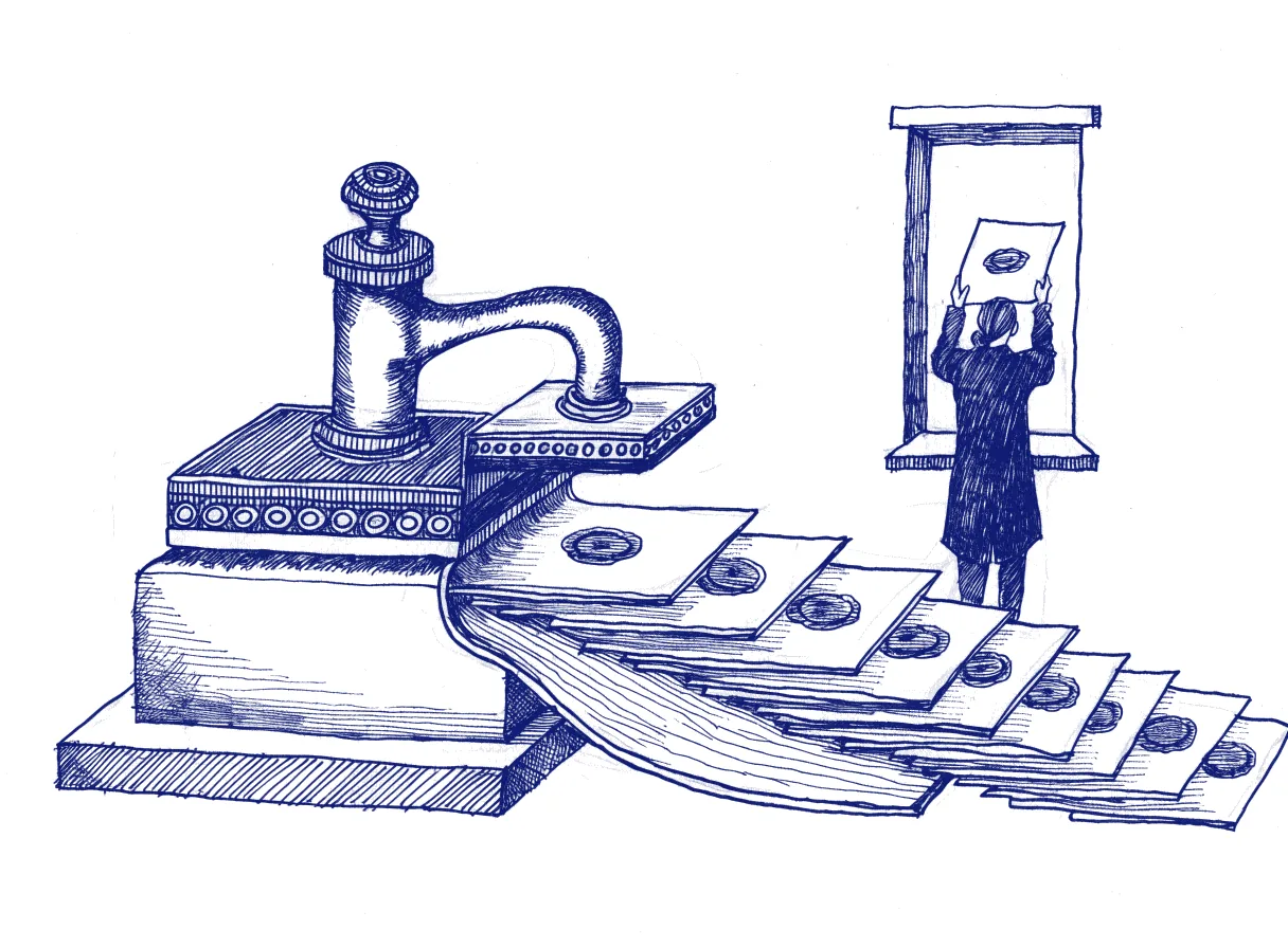 A stamping machine presses an official wax seal onto an endless stream of blank sheets sliding from a hopper, while a figure seen from behind holds one sealed sheet up to a window and finds nothing written on it, the whole scene drawn with wide empty margins on every side.