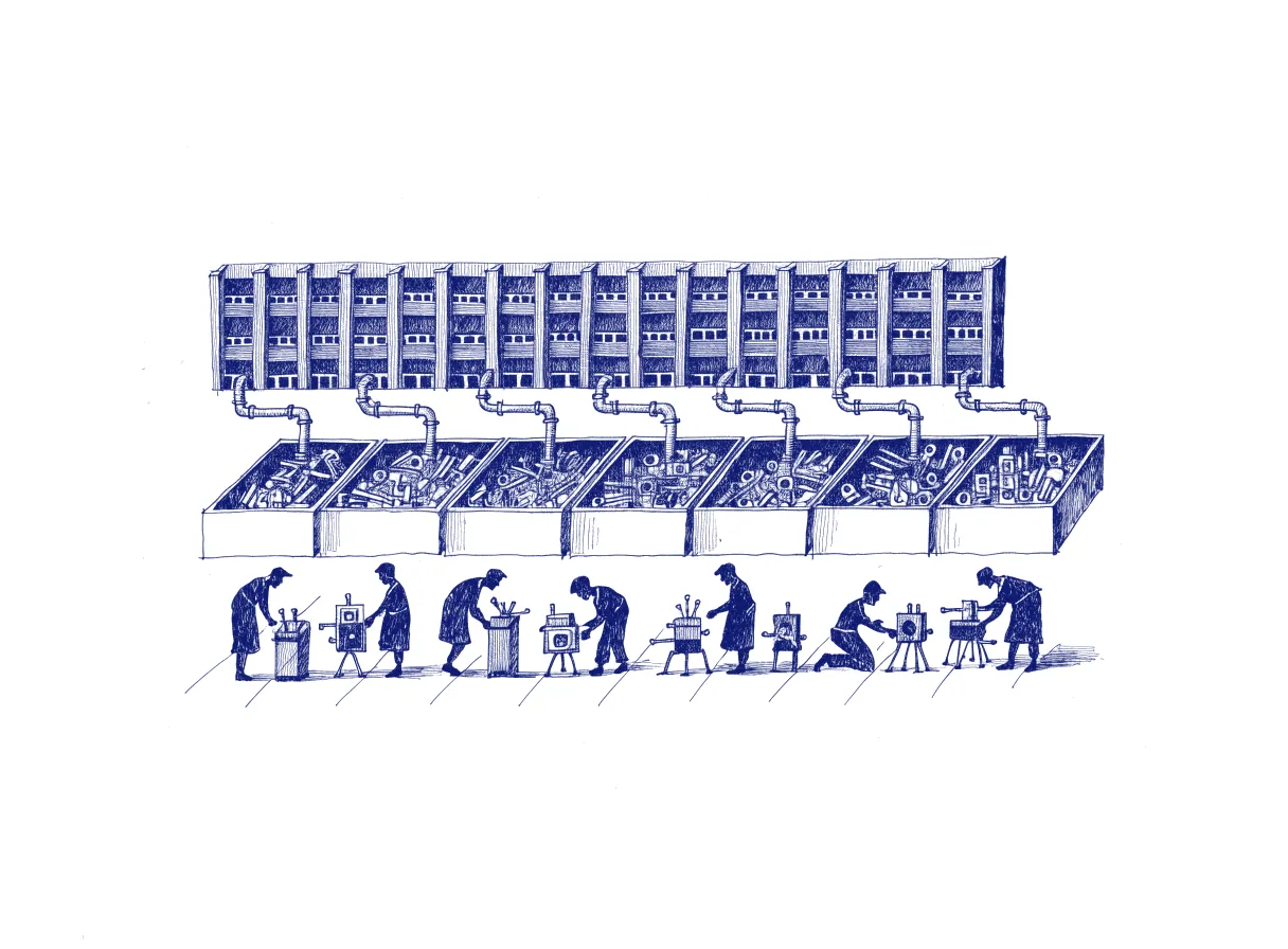 A row of open parts bins, each fed by a pipe from one large building, lets several silhouetted figures assemble their own small and different machines from the same matching parts, the whole scene drawn with wide empty margins on every side.