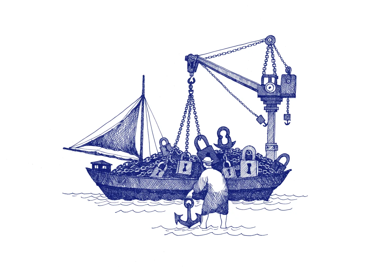 A small sailing boat sits low in the water while a mechanical crane keeps lowering padlocks, chains and spare anchors onto its deck, and a figure seen from behind, the back of the head showing, lifts one anchor and drops it over the side, the whole scene drawn with wide empty margins on every side.