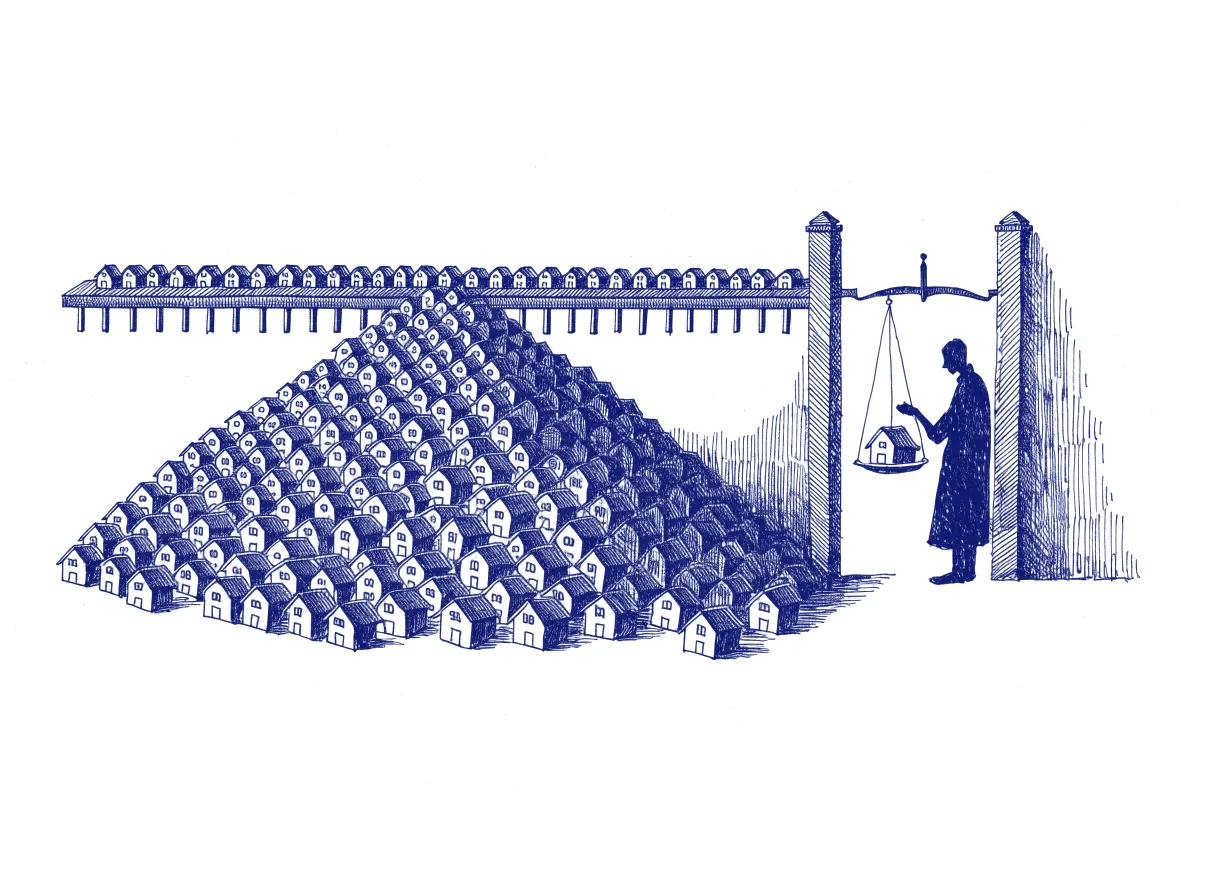 A long conveyor belt pours out hundreds of identical small model houses that pile up in front of a single narrow gate fitted with a balance scale, where a figure in silhouette weighs one house at a time, the whole scene drawn with wide empty margins on every side.