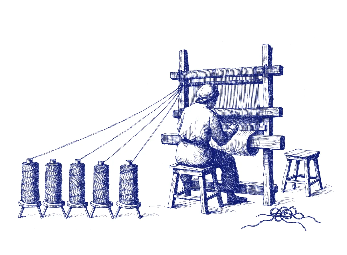 Five spools of thread on separate stands feed into one wooden loom, where a weaver seen from behind, the back of the head showing, guides the threads into a single cloth, while beside an empty stool the threads have tangled into knots, the whole scene drawn with wide empty margins on every side.