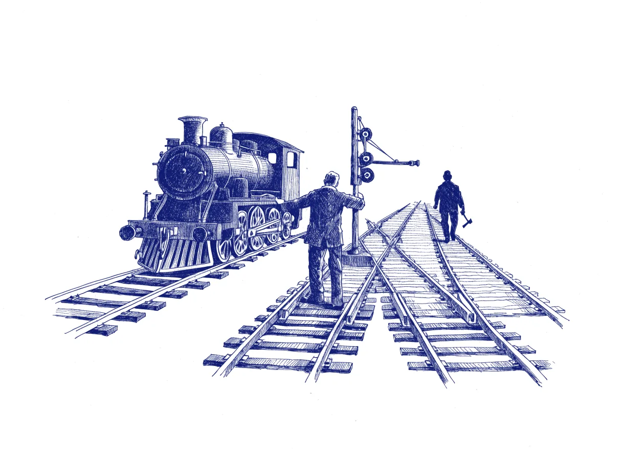 A powerful new locomotive waits at a railway junction where a figure seen from behind, the back of the head showing, throws a lever to set the points towards one track among many, while a second figure in silhouette walks the rails ahead tapping each joint with a hammer, the whole scene drawn with wide empty margins on every side.