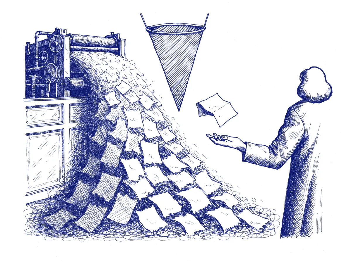 A printing press pours an avalanche of loose paper into a narrow sieve, and a single folded sheet drops through into the open hand of a figure seen from behind, the whole scene drawn with wide empty margins on every side.