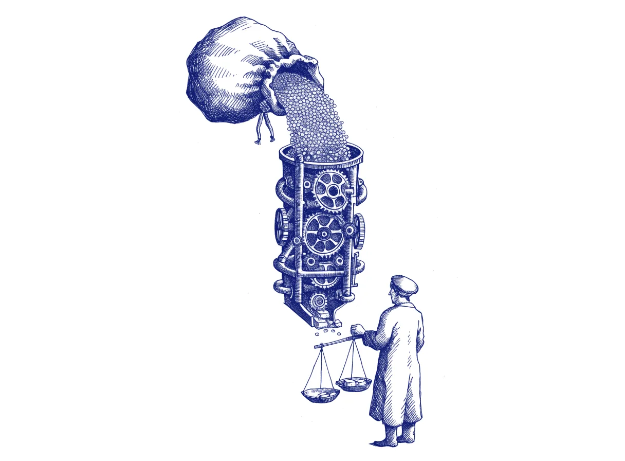 Coins pour from a sack into a tall machine of gears and chutes, and a figure seen from behind holds a balance scale under the outlet to weigh the few parcels that drop out, the whole scene drawn with wide empty margins on every side.
