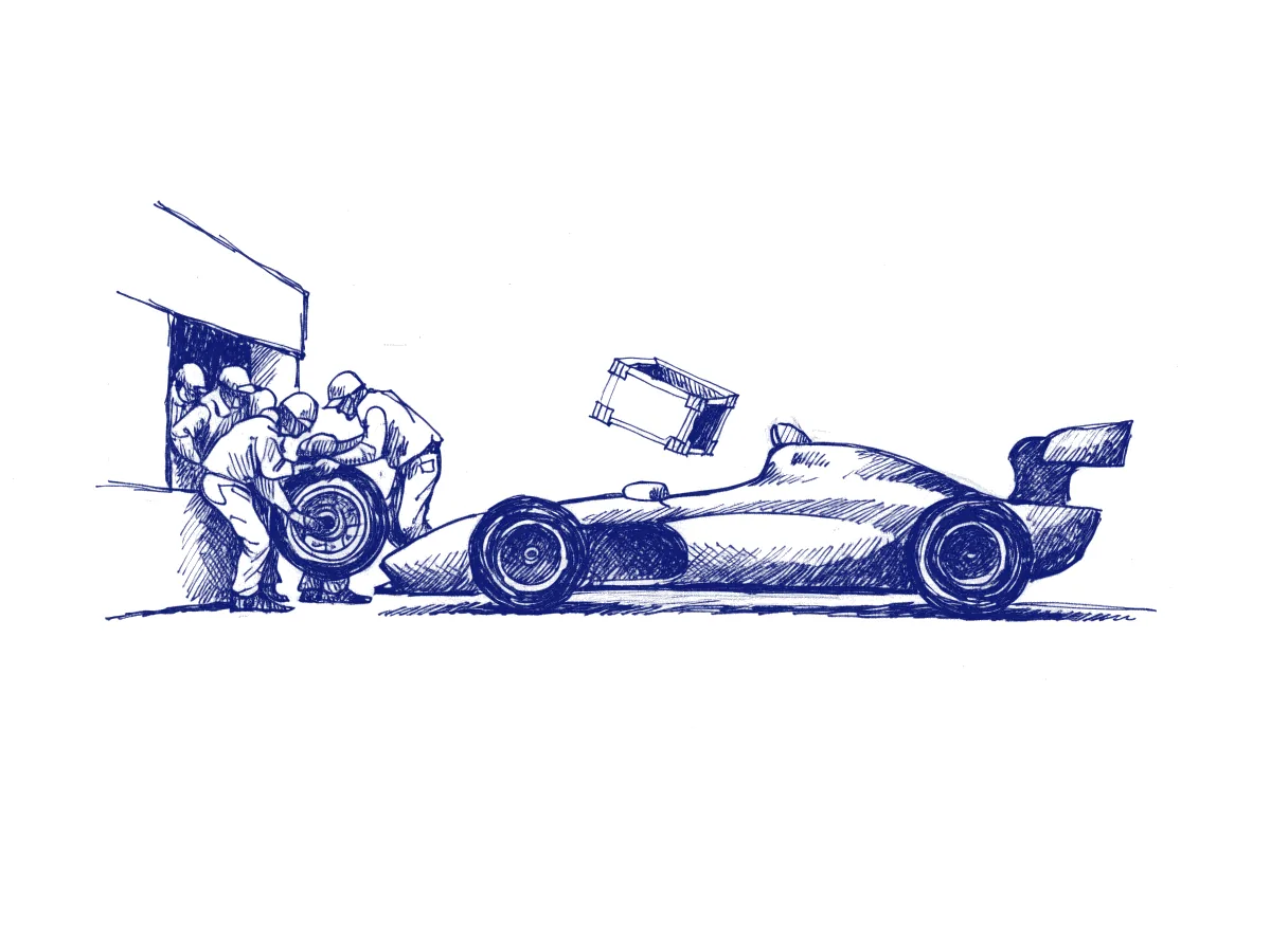 A racing car stops at its pit lane on every lap while a crew in silhouette refits the same wheel, and an unlabelled crate slides unseen into its open boot, the whole scene drawn with wide empty margins on every side.