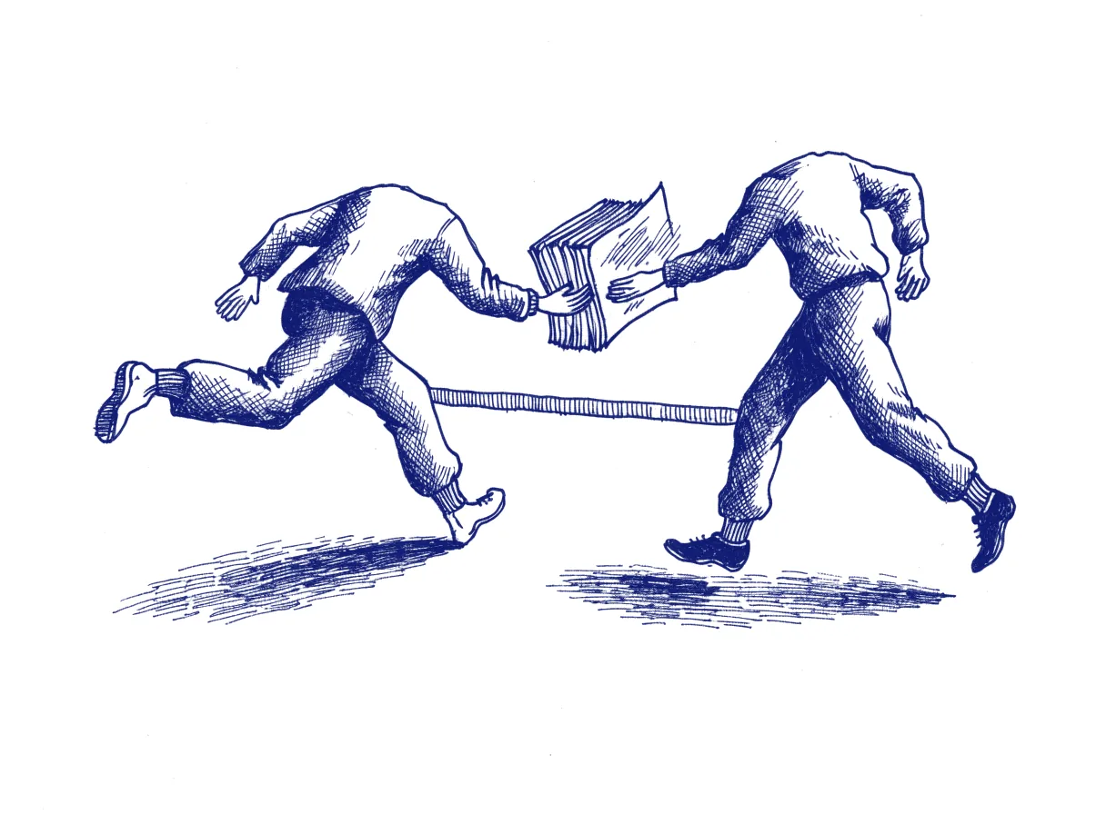 A relay runner seen from behind passes a thick, tabbed logbook to the next runner at a chalk line, its pages still being written as it changes hands, the whole scene drawn with wide empty margins on every side.