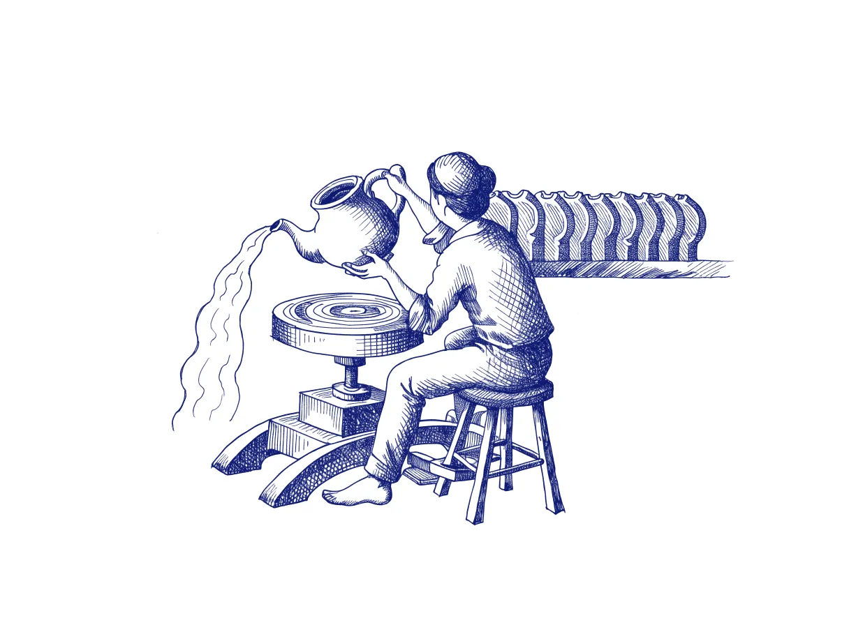 A potter seen from behind lifts a finished teapot that already pours steaming tea straight off the wheel, while a shelf of identical plaster moulds behind the wheel gives each new pot its shape, the whole scene drawn with wide empty margins on every side.